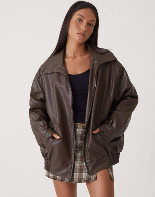 Marzena™ | Damer Oversized Faux Læderjakke | Mørkebrun Retro Bomberjakke med Lynlås og Sidelommer